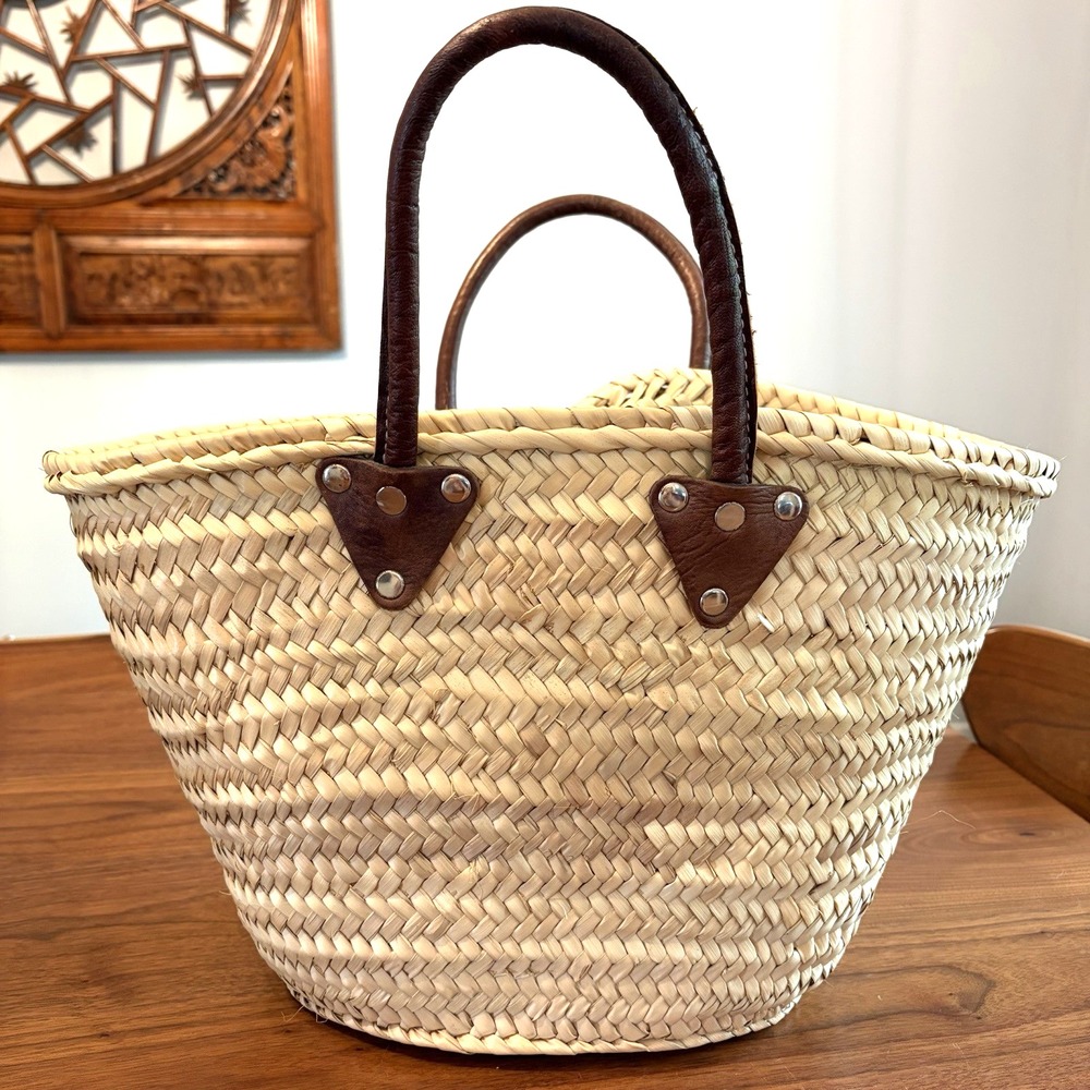 Handmade Woven Straw Tote Bag Leather Handles Beach Market Beige Medium